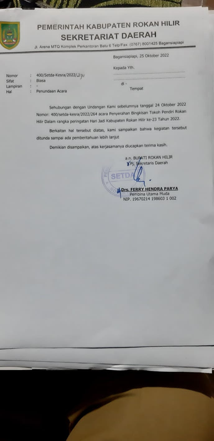 Pemkab Tunda Acara Silatirahmi Dan Penyerahan Bungkisan Untuk Pendiri Rohil