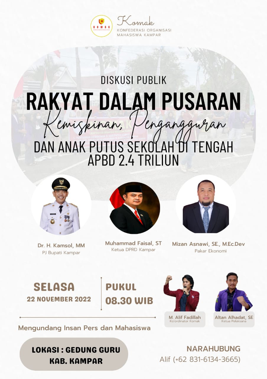 Besok Selasa Komak Gelar Diskusi Publik Hadirkan, PJ Bupati, Ketua DPRD dan Pakar Ekonomi