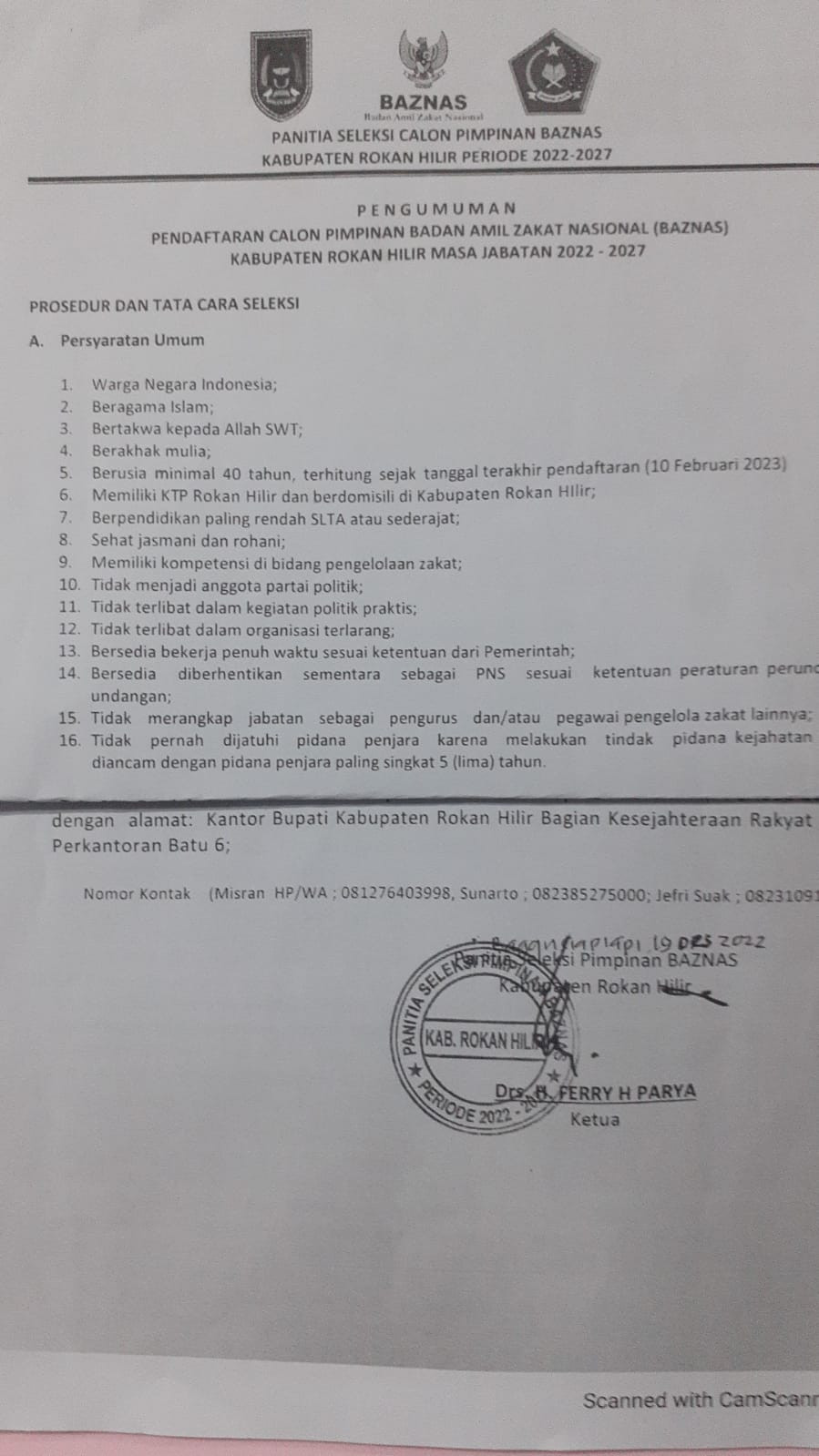 Pansel Calon Komisioner Baznas Rohil Buat Pengumuman, Ini Syaratnya