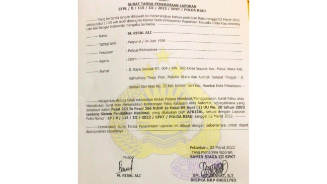 Mahasiswa Laporkan Bupati Rohil ke Polda Riau